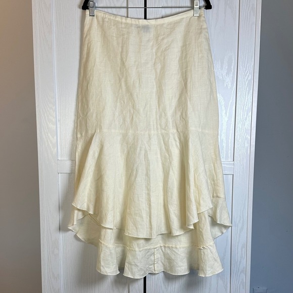 Peruvian Connection Dresses & Skirts - PERUVIAN CONNECTION Linen Ruffle Hem Midi Skirt Cream Size 10 Made in Italy chic